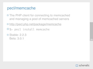 pecl/memcache
 The PHP client for connecting to memcached
 and managing a pool of memcached servers
 http://pecl.php.net/package/memcache
 $> pecl install memcache

 Stable: 2.2.3
 Beta: 3.0.1                                  20
 