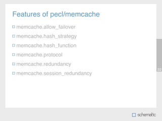 Features of pecl/memcache
 memcache.allow_failover
 memcache.hash_strategy
 memcache.hash_function
 memcache.protocol
 memcache.redundancy
                               22
 memcache.session_redundancy
 