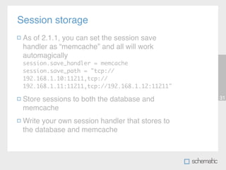 Session storage
 As of 2.1.1, you can set the session save
 handler as “memcache” and all will work
 automagically
 session.save_handler = memcache
 session.save_path = "tcp://
 192.168.1.10:11211,tcp://
 192.168.1.11:11211,tcp://192.168.1.12:11211"

 Store sessions to both the database and         31

 memcache
 Write your own session handler that stores to
 the database and memcache
 