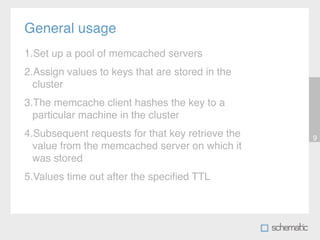 General usage
1.Set up a pool of memcached servers
2.Assign values to keys that are stored in the
  cluster
3.The memcache client hashes the key to a
  particular machine in the cluster
4.Subsequent requests for that key retrieve the   9
  value from the memcached server on which it
  was stored
5.Values time out after the speciﬁed TTL
 