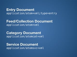 Entry Document
application/atom+xml;type=entry
Feed/Collection Document
application/atom+xml
Category Document
application/atomcat+xml
Service Document
application/atomsvc+xml
 