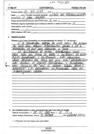 Telefone (DDD): (_ _ _ _ _ _ _ _ FAX: ( )
Idade: anos. Profissão (ocupação principal): J{CHt(ß Übt nMyõHW^Ut^^
Escolaridade:
Qual: _Possui conhecimentos técnicos sobre OVNI? (s/n):
Pertence a alguma organização que se dedique a estudar ou observar OVNI? (s/n):
Caso positivo, qual? (nome): ~ ;
(endereço): ____
(DDD, telefone, CEP, etc): ____
OBSERVAÇÕES
(Relatar oxjue julgar necessário e a complementação do campo " 2 ", se houver.)
ffa' ULUJO úlcâj .afacivu) £^Aa/ôt4jJt^> MAJUH a. ele ___
MMI ÍÁAW. MA, MÍUA de taifa 1
J jj&u
_________
Am
J/LL
y otcu t/frua ______ (jxM,
-/) oie Qcofur>
(Alceis) OCO "AM. O ALfaJül ÙSÛAATJI
'J22 QbiâûiMÛâZ ISUMUMAMÍA- oiœ(AQUO ___T
5. DA COMUNICAÇÃO A UMA ORGANIZAÇÃO MILITAR (OM) DO MAEB,
Data da comunicação (•): UT - 01 - ZOCO Hora (•): / / : / J / Z
Quem recebeu (Posto/Grad., Nome):
(•) Preencher com dois dígitos para cada espaço.
 