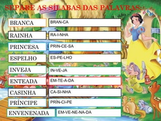 SEPARE AS SÍLABAS DAS PALAVRAS:
BRANCA
RAINHA
INVEJA
PRINCESA
ENTEADA
ESPELHO
CASINHA
RA-I-NHA
PRIN-CE-SA
ES-PE-LHO
ENVENENADA
PRÍNCIPE
IN-VE-JA
EM-TE-A-DA
CA-SI-NHA
PRÍN-CI-PE
EM-VE-NE-NA-DA
BRAN-CA
 