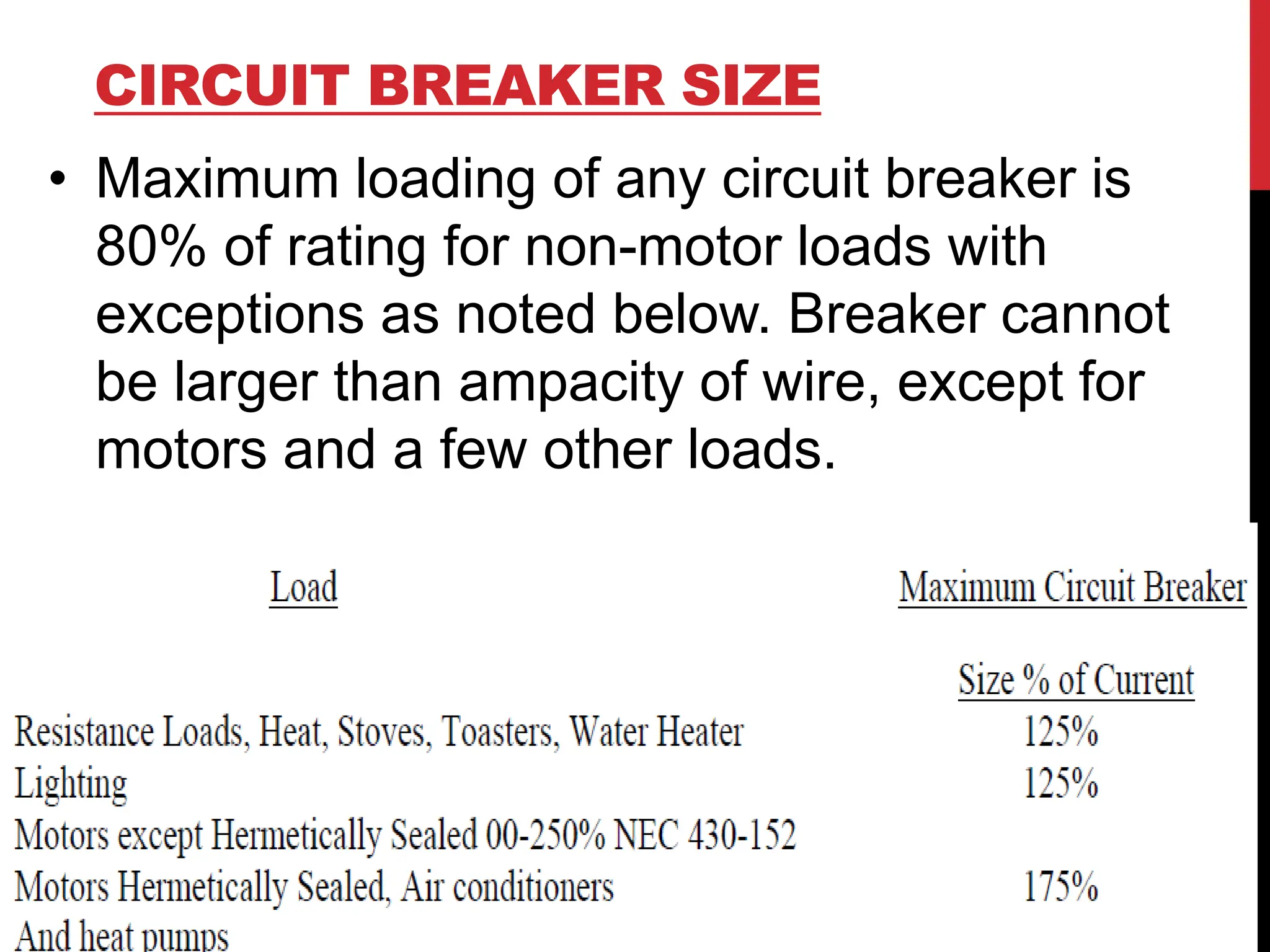 CIRCUIT BREAKER SIZE
• Maximum loading of any circuit breaker is
80% of rating for non-motor loads with
exceptions as noted below. Breaker cannot
be larger than ampacity of wire, except for
motors and a few other loads.
 
