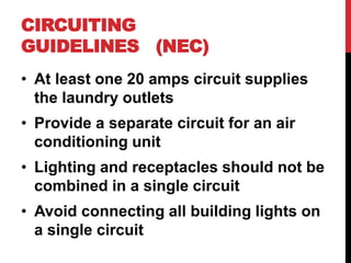 • At least one 20 amps circuit supplies
the laundry outlets
• Provide a separate circuit for an air
conditioning unit
• Lighting and receptacles should not be
combined in a single circuit
• Avoid connecting all building lights on
a single circuit
CIRCUITING
GUIDELINES (NEC)
 