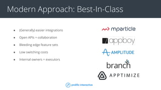 Modern Approach: Best-In-Class
● (Generally) easier integrations
● Open APIs = collaboration
● Bleeding edge feature sets
● Low switching costs
● Internal owners = executors
 