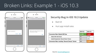 Broken Links: Example 1 - iOS 10.3
Security Bug in iOS 10.3 Update
● Bad UX
● Hurt app install rates
Source: SmashingMagazine
 