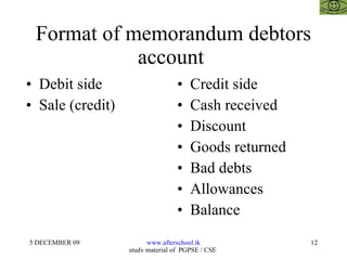 Format of memorandum debtors account  Debit side  Sale (credit)  Credit side  Cash received  Discount  Goods returned Bad debts Allowances Balance  