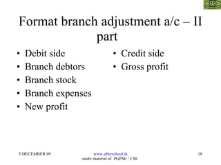 Format branch adjustment a/c – II part  Debit side  Branch debtors Branch stock Branch expenses New profit  Credit side  Gross profit 