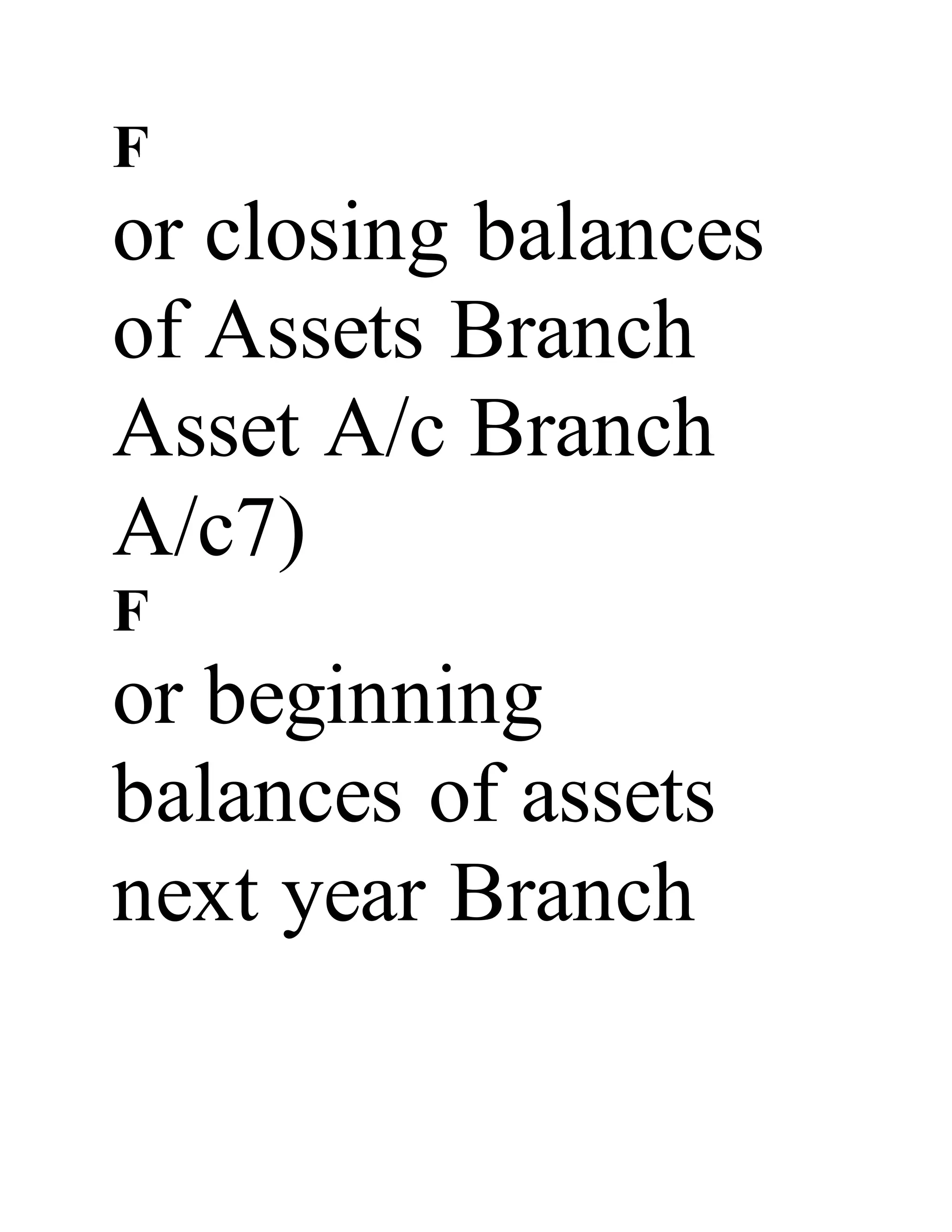 F
or closing balances
of Assets Branch
Asset A/c Branch
A/c7)
F
or beginning
balances of assets
next year Branch
 