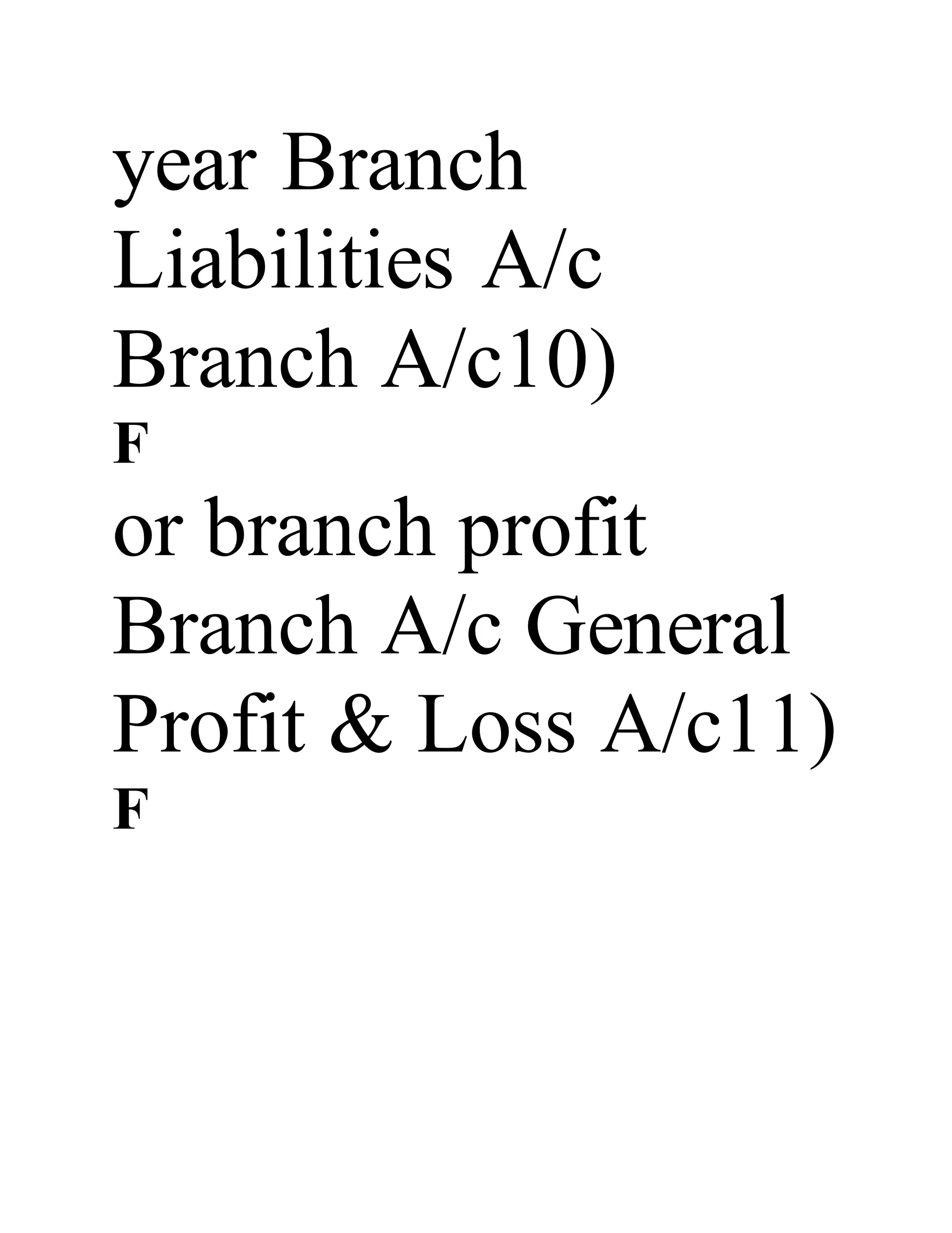 year Branch
Liabilities A/c
Branch A/c10)
F
or branch profit
Branch A/c General
Profit & Loss A/c11)
F
 