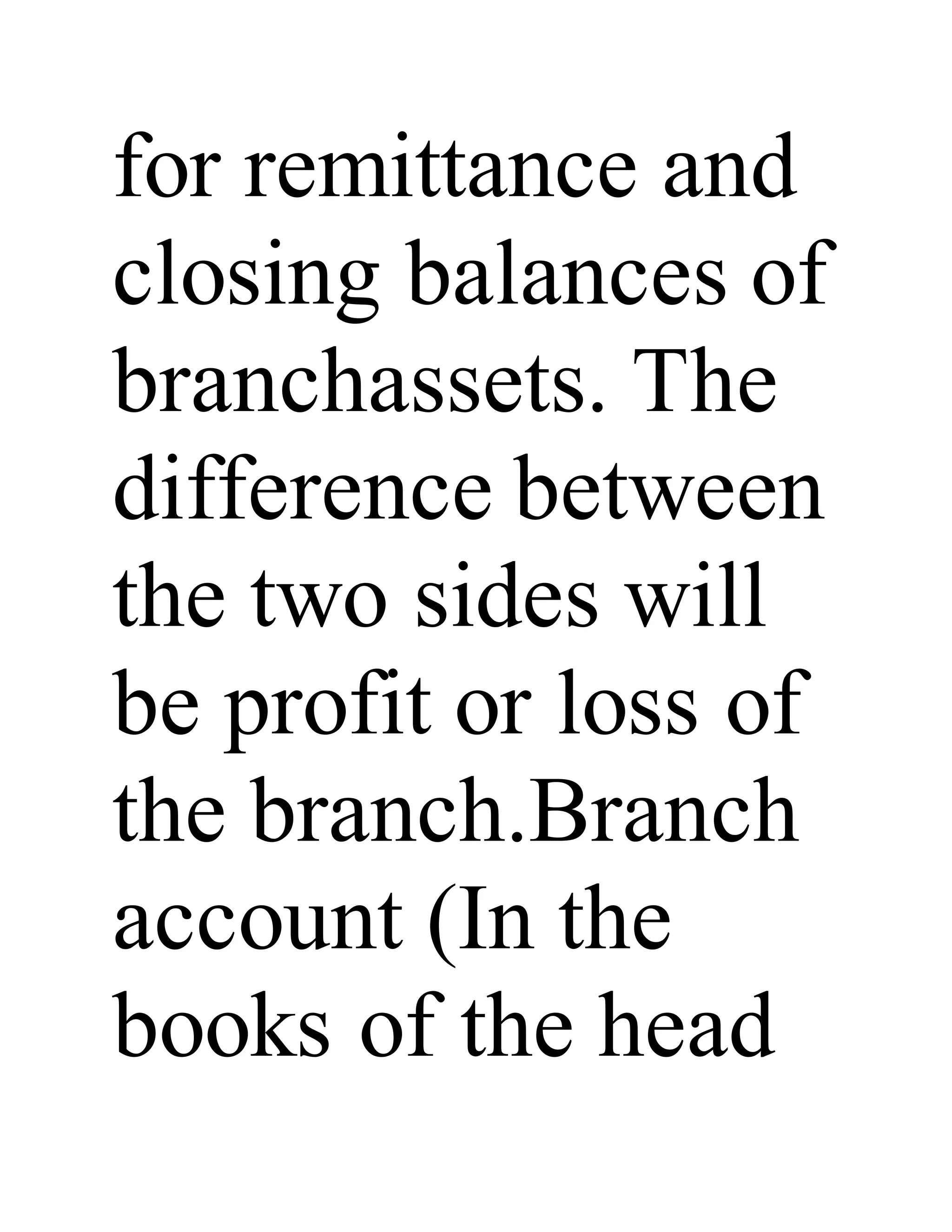 for remittance and
closing balances of
branchassets. The
difference between
the two sides will
be profit or loss of
the branch.Branch
account (In the
books of the head
 