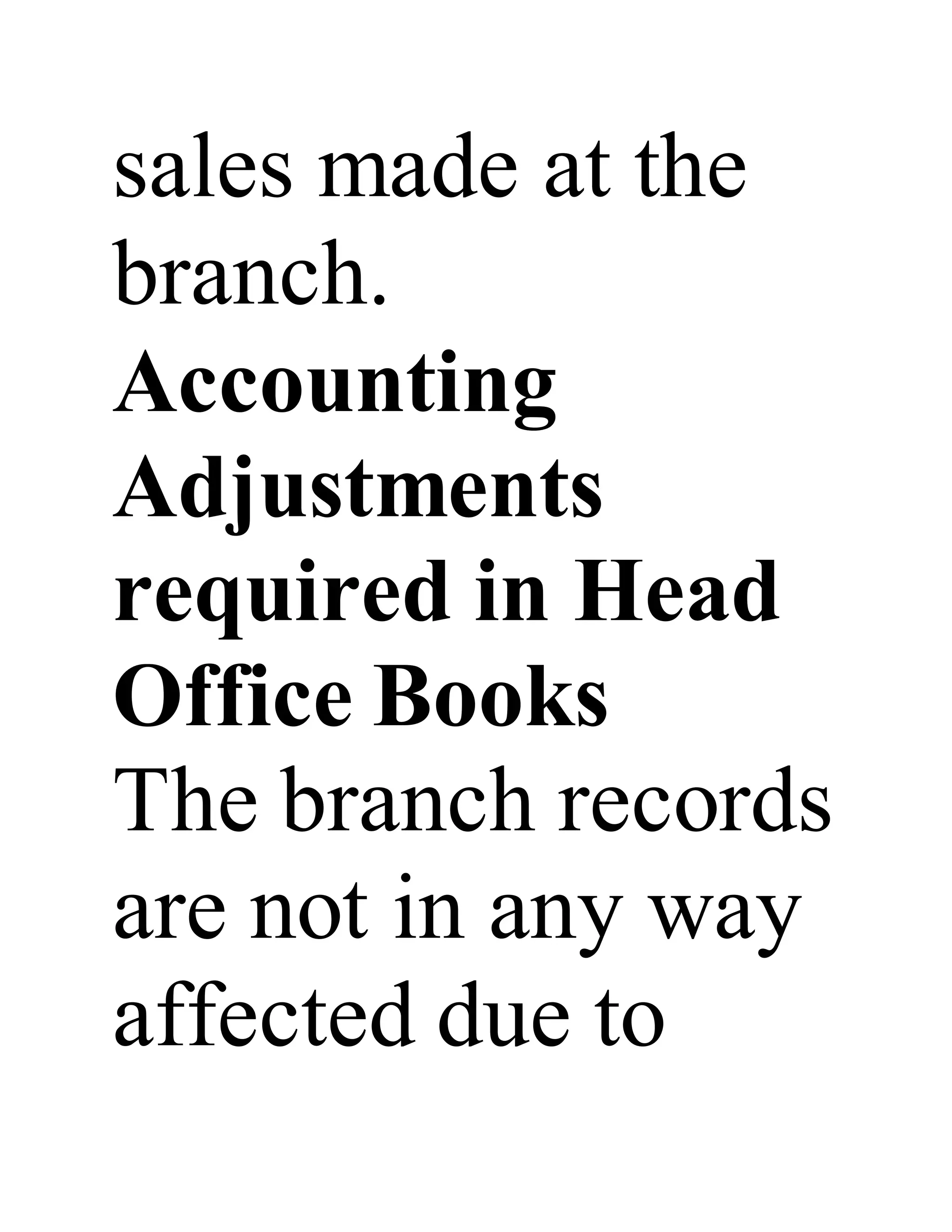 sales made at the
branch.
Accounting
Adjustments
required in Head
Office Books
The branch records
are not in any way
affected due to
 