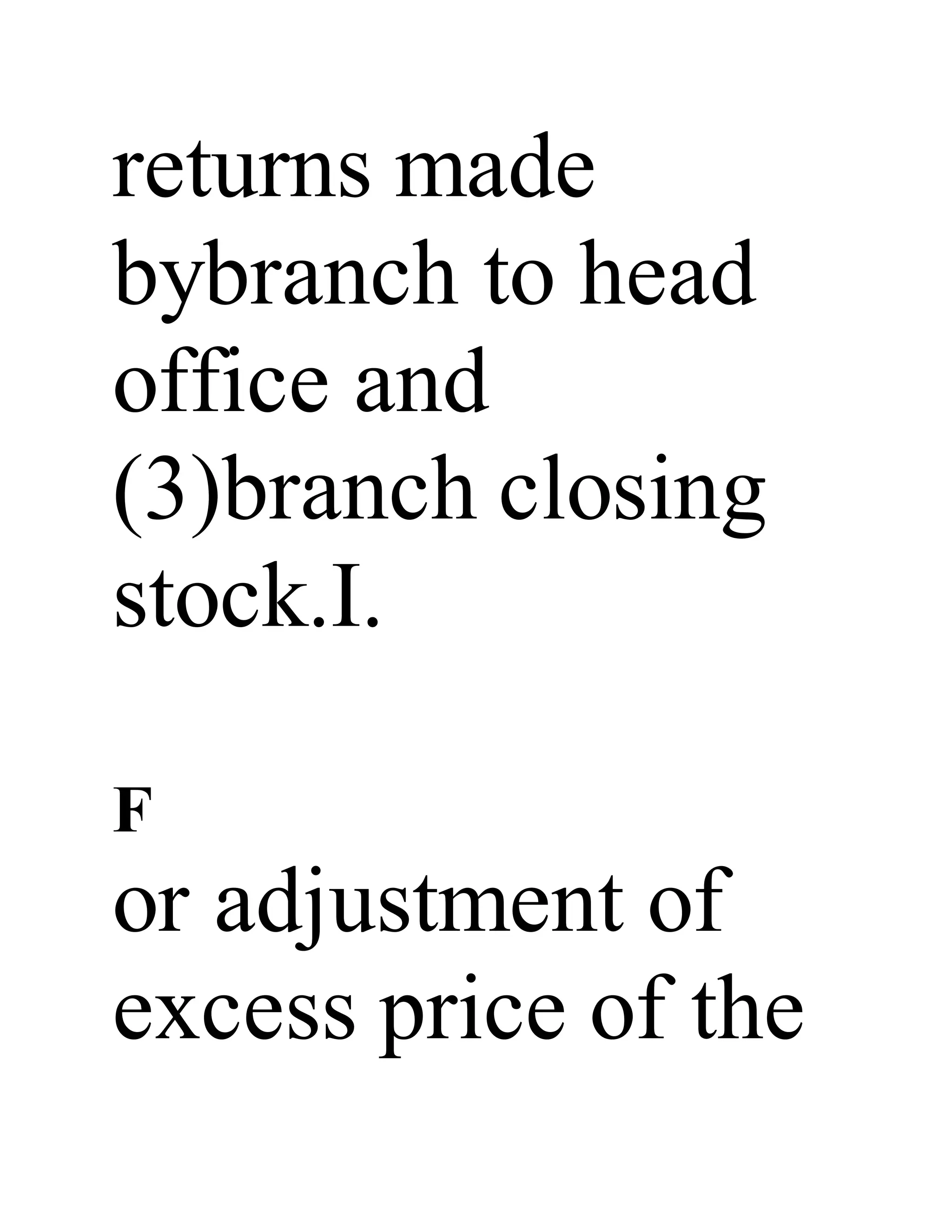 returns made
bybranch to head
office and
(3)branch closing
stock.I.
F
or adjustment of
excess price of the
 