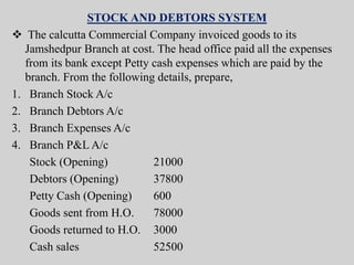STOCK AND DEBTORS SYSTEM
 The calcutta Commercial Company invoiced goods to its
Jamshedpur Branch at cost. The head office paid all the expenses
from its bank except Petty cash expenses which are paid by the
branch. From the following details, prepare,
1. Branch Stock A/c
2. Branch Debtors A/c
3. Branch Expenses A/c
4. Branch P&L A/c
Stock (Opening) 21000
Debtors (Opening) 37800
Petty Cash (Opening) 600
Goods sent from H.O. 78000
Goods returned to H.O. 3000
Cash sales 52500
 