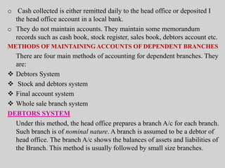 o Cash collected is either remitted daily to the head office or deposited I
the head office account in a local bank.
o They do not maintain accounts. They maintain some memorandum
records such as cash book, stock register, sales book, debtors account etc.
METHODS OF MAINTAINING ACCOUNTS OF DEPENDENT BRANCHES
There are four main methods of accounting for dependent branches. They
are:
 Debtors System
 Stock and debtors system
 Final account system
 Whole sale branch system
DEBTORS SYSTEM
Under this method, the head office prepares a branch A/c for each branch.
Such branch is of nominal nature. A branch is assumed to be a debtor of
head office. The branch A/c shows the balances of assets and liabilities of
the Branch. This method is usually followed by small size branches.
 