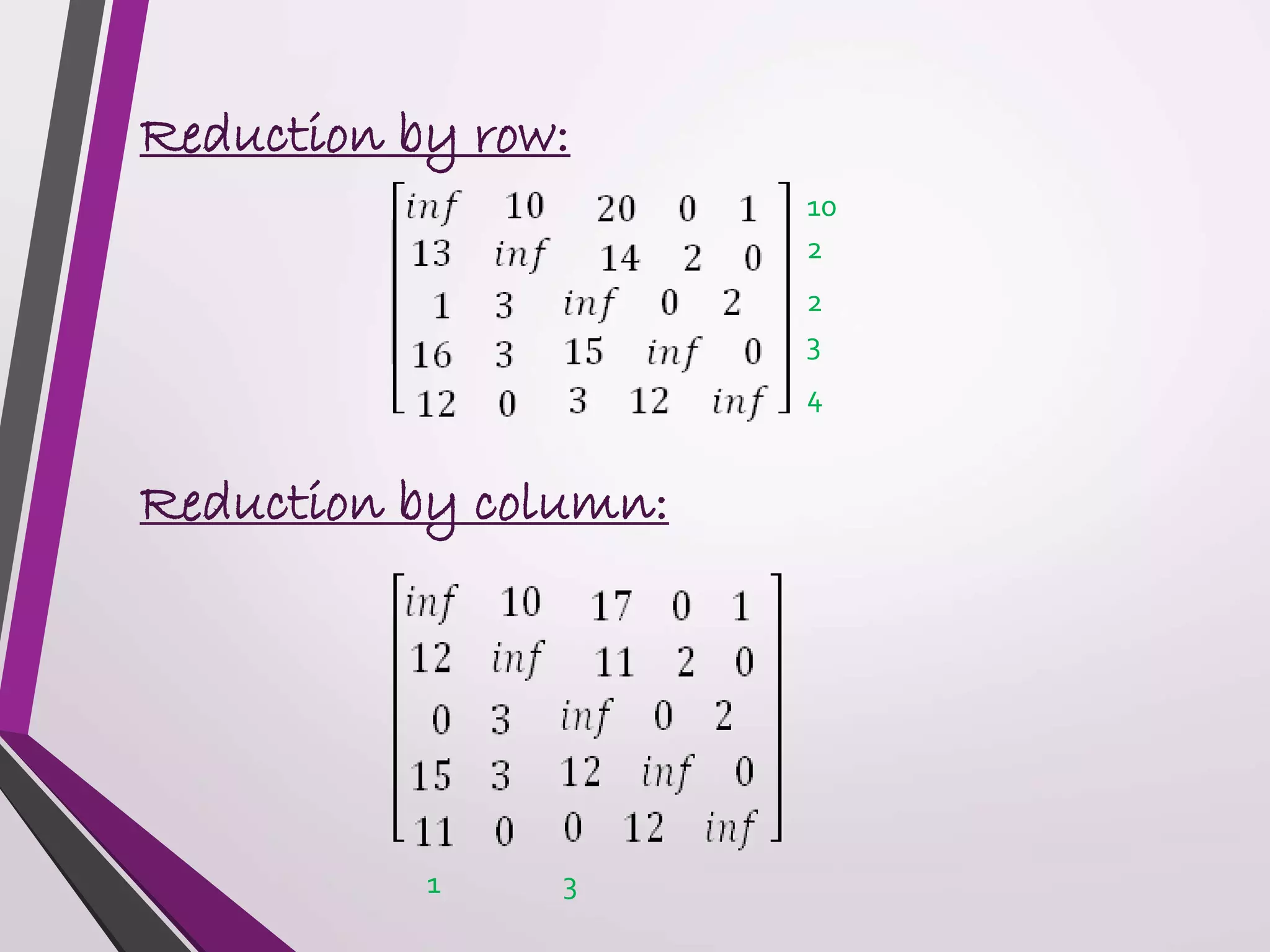 Reduction by row: 
10 
2 
2 
3 
4 
Reduction by column: 
1 3 
 