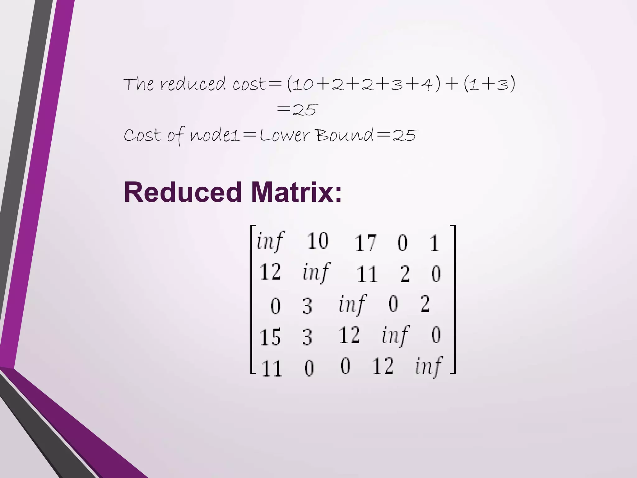 The reduced cost=(10+2+2+3+4)+(1+3) 
=25 
Cost of node1=Lower Bound=25 
Reduced Matrix: 
 
