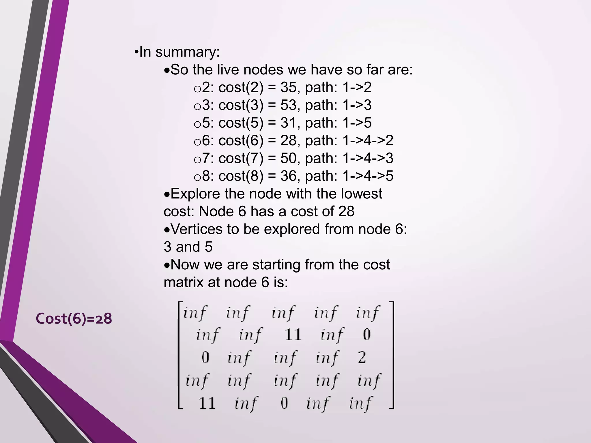 •In summary: 
So the live nodes we have so far are: 
o2: cost(2) = 35, path: 1->2 
o3: cost(3) = 53, path: 1->3 
o5: cost(5) = 31, path: 1->5 
o6: cost(6) = 28, path: 1->4->2 
o7: cost(7) = 50, path: 1->4->3 
o8: cost(8) = 36, path: 1->4->5 
Explore the node with the lowest 
cost: Node 6 has a cost of 28 
Vertices to be explored from node 6: 
3 and 5 
Now we are starting from the cost 
matrix at node 6 is: 
Cost(6)=28 
 