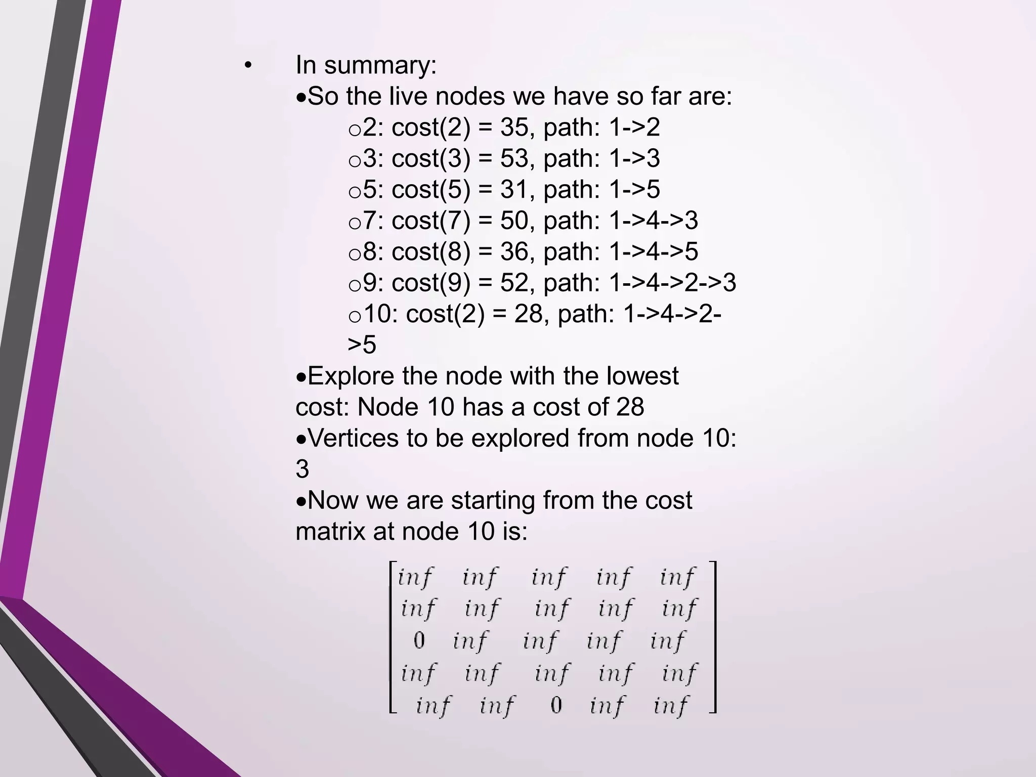 • In summary: 
So the live nodes we have so far are: 
o2: cost(2) = 35, path: 1->2 
o3: cost(3) = 53, path: 1->3 
o5: cost(5) = 31, path: 1->5 
o7: cost(7) = 50, path: 1->4->3 
o8: cost(8) = 36, path: 1->4->5 
o9: cost(9) = 52, path: 1->4->2->3 
o10: cost(2) = 28, path: 1->4->2- 
>5 
Explore the node with the lowest 
cost: Node 10 has a cost of 28 
Vertices to be explored from node 10: 
3 
Now we are starting from the cost 
matrix at node 10 is: 
 