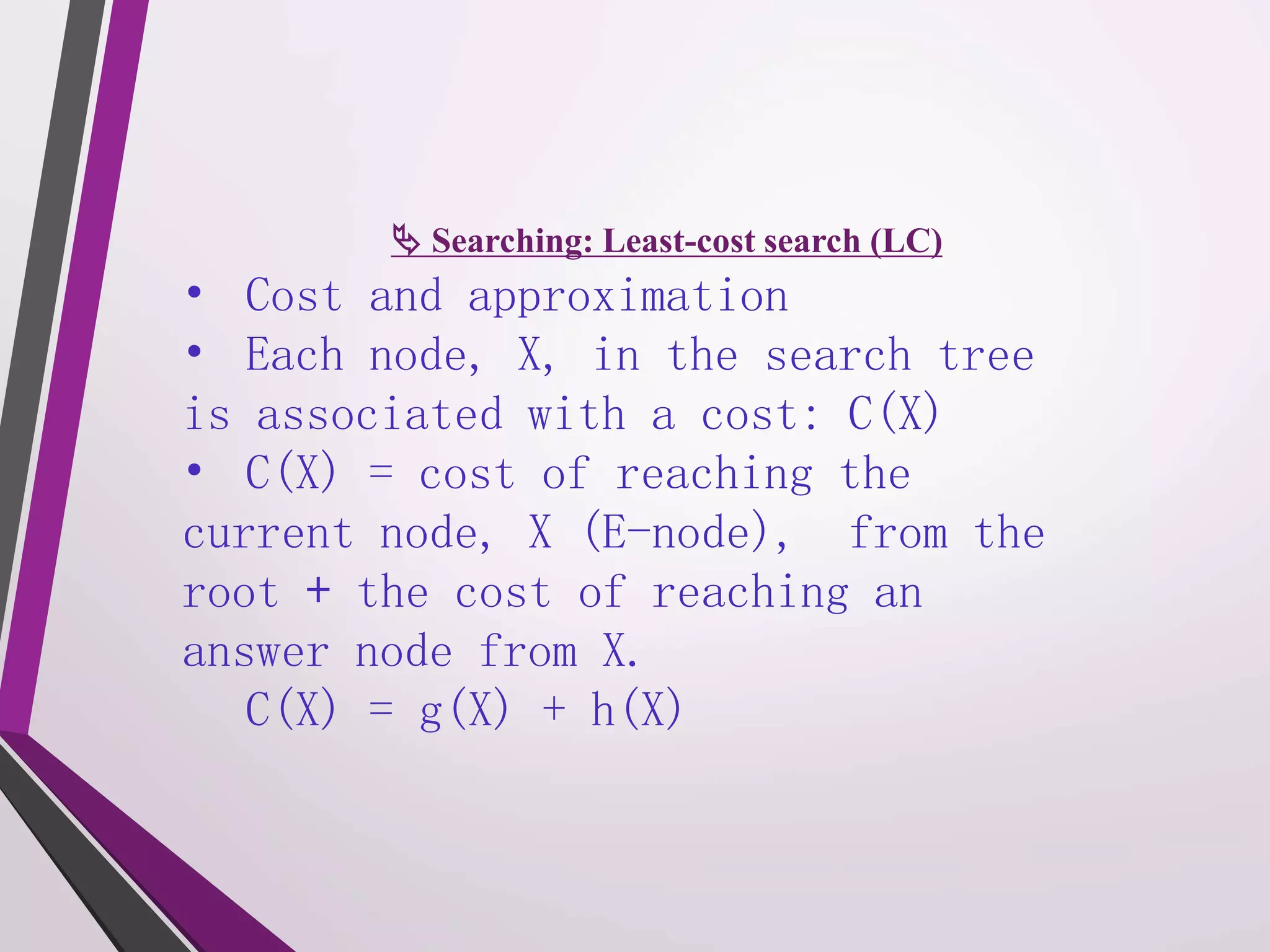  Searching: Least-cost search (LC) 
• Cost and approximation 
• Each node, X, in the search tree 
is associated with a cost: C(X) 
• C(X) = cost of reaching the 
current node, X (E-node), from the 
root + the cost of reaching an 
answer node from X. 
C(X) = g(X) + h(X) 
 