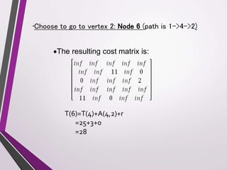 •Choose to go to vertex 2: Node 6 (path is 1->4->2) 
The resulting cost matrix is: 
T(6)=T(4)+A(4,2)+r 
=25+3+0 
=28 
 
