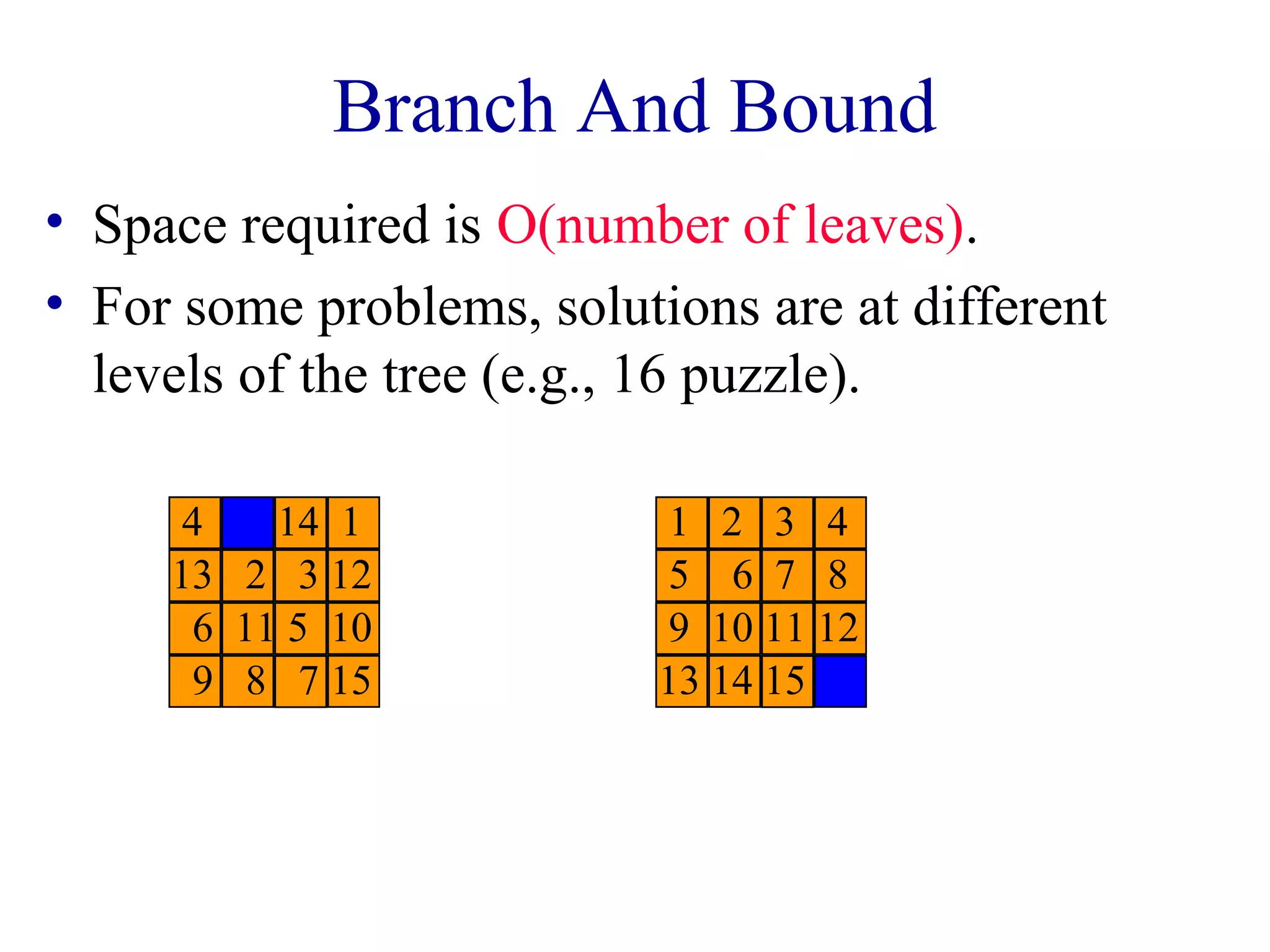 Branch And Bound
• Space required is O(number of leaves).
• For some problems, solutions are at different
levels of the tree (e.g., 16 puzzle).
1 2 3 4
5 6 7 8
9 10 11 12
13 14 15
1
32
4
56
13
14
15
12
11 10
9 78
 
