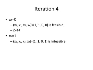 Iteration 4
• x4=0
  – (x1, x2, x3, x4)=(1, 1, 0, 0) is feasible
  – Z=14
• x4=1
  – (x1, x2, x3, x4)=(1, 1, 0, 1) is infeasible
 