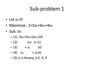 Sub-problem 1
• Let x1=0
• Maximize: Z=5x2+6x3+4x4
• Sub. to
  – (1) 3x2+5x3+2x4 ≤10
  – (2)         x3+ x4 ≤1
  – (3)       + x3      ≤0
  – (4) -x2        + x4≤0
  – (5) xj is binary, j=2, 3, 4
 