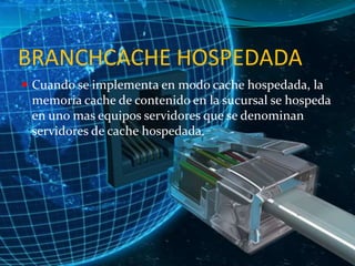 BRANCHCACHE HOSPEDADA
 Cuando se implementa en modo cache hospedada, la

memoria cache de contenido en la sucursal se hospeda
en uno mas equipos servidores que se denominan
servidores de cache hospedada.

 