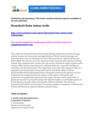Aarkstore.com announces, The Latest market research report is available in
its vast collection:

Branched Chain Amino Acids

http://www.aarkstore.com/reports/Branched-Chain-Amino-Acids-
188220.html


You can also request for sample page of above mention reports on
sample@aarkstore.com



This report on Branched Chain Amino Acids (BCAA) emphasizes on both the type
(valine, leucine and isoleucine) and applications of BCAA in biotechnology and
pharmaceutical areas including Food, Feed, Pharmaceuticals, Agrochemicals and
Other (R&D, Kits, Resins, etc.). The report provides essential information including
market data, segmentation, market size, key trends, demand & supply analysis, price
analysis, M&A, product developments, industry forecasts, corporate intelligence,
and other relevant information. The report lists more than 400 companies that are
engaged in production/processing and End Users of BCAA. Major Contract
Research/Manufacturing Organizations serving the Amino Acids industry are also
covered in the corporate directory section of this report. Estimations and
predictions are graphically represented by region, by type and by application. A
global perspective is presented along with regional analysis covering the regions of
North America, Europe, China, Asia-Pacific and Rest of World. The market is
analyzed in US Dollars and includes 97 exclusive exhibits. Compilation of Worldwide
Patents and Research related to BCAA is also provided.


Table of contents:

I. SCOPE AND METHODOLOGY
II. REPORT SYNOPSIS
1. Introduction
History of Amino Acids
Importance of Amino Acids
 