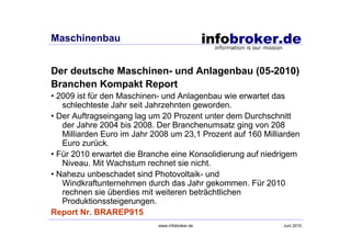 Maschinenbau


Der deutsche Maschinen- und Anlagenbau (05-2010)
Branchen Kompakt Report
• 2009 ist für den Maschinen- und Anlagenbau wie erwartet das
   schlechteste Jahr seit Jahrzehnten geworden.
• Der Auftragseingang lag um 20 Prozent unter dem Durchschnitt
   der Jahre 2004 bis 2008. Der Branchenumsatz ging von 208
   Milliarden Euro im Jahr 2008 um 23,1 Prozent auf 160 Milliarden
   Euro zurück.
• Für 2010 erwartet die Branche eine Konsolidierung auf niedrigem
   Niveau. Mit Wachstum rechnet sie nicht.
• Nahezu unbeschadet sind Photovoltaik- und
   Windkraftunternehmen durch das Jahr gekommen. Für 2010
   rechnen sie überdies mit weiteren beträchtlichen
   Produktionssteigerungen.
Report Nr. BRAREP915
                            www.infobroker.de                Juni 2010
 