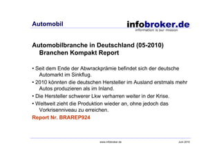 Automobil


Automobilbranche in Deutschland (05-2010)
  Branchen Kompakt Report

• Seit dem Ende der Abwrackprämie befindet sich der deutsche
   Automarkt im Sinkflug.
• 2010 könnten die deutschen Hersteller im Ausland erstmals mehr
   Autos produzieren als im Inland.
• Die Hersteller schwerer Lkw verharren weiter in der Krise.
• Weltweit zieht die Produktion wieder an, ohne jedoch das
   Vorkrisenniveau zu erreichen.
Report Nr. BRAREP924



                           www.infobroker.de                Juni 2010
 