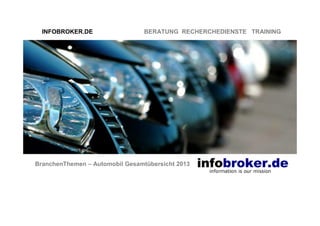 INFOBROKER.DE

BERATUNG RECHERCHEDIENSTE TRAINING

BranchenThemen – Automobil Gesamtübersicht 2013

 