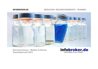 INFOBROKER.DE

BERATUNG RECHERCHEDIENSTE TRAINING

BranchenThemen – Medizin & Pharma
Gesamtübersicht 2013

 