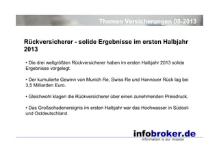 Themen Versicherungen 08-2013
Rückversicherer - solide Ergebnisse im ersten Halbjahr
2013
• Die drei weltgrößten Rückversicherer haben im ersten Halbjahr 2013 solide
Ergebnisse vorgelegt.
• Der kumulierte Gewinn von Munich Re, Swiss Re und Hannover Rück lag bei
3,5 Milliarden Euro.
• Gleichwohl klagen die Rückversicherer über einen zunehmenden Preisdruck.
• Das Großschadenereignis im ersten Halbjahr war das Hochwasser in Südostund Ostdeutschland.

 