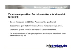 Themen Versicherungen 09-2013
Versicherungsmakler - Provisionserlöse entwickeln sich
rückläufig
• Bei den Maklerpools sind 2012 die Provisionserlöse geschrumpft.
• Belastet haben gedeckelte Provisionen, Unisex-Tarife und niedrige Zinsen.
• Unter Druck geraten sind auch die Preise für Maklerunternehmen.
• Der Branchenverband VDVM geht gegen die Deckelung der Provisionen in der
Lebensversicherung vor.

 