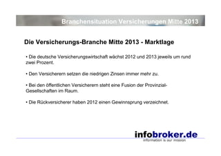 Branchensituation Versicherungen Mitte 2013
Die Versicherungs-Branche Mitte 2013 - Marktlage
• Die deutsche Versicherungsw...
