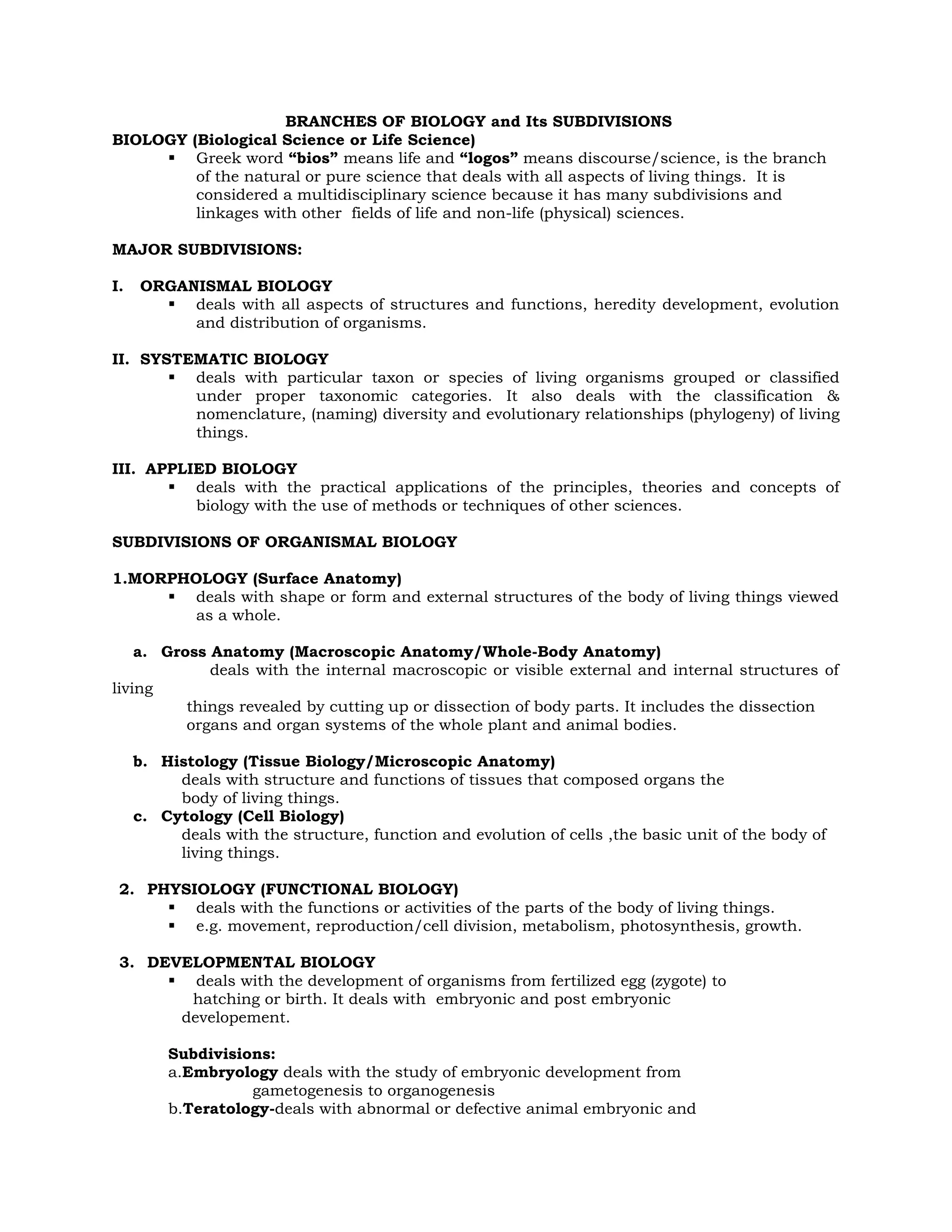 BRANCHES-OF-BIOLOGY-and-Its-SUBDIVISIONS | DOCX