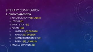 LITERARY COMPILATION
2. OWN COMPOSITON
o AUTOBIOGRAPHY (1) English
o LEGEND (1)
o SHORT STORY (1)
o POEMS (10)
o LIMERICK (3) ENGLISH
o HAIKUS (3) ENGLISH
o ELIZABETHAN SONNET (1)
o POEMS (3) 1 ENGLISH
o NOVEL 3 CHAPTERS (1)
 