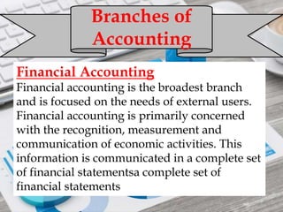 Financial Accounting
Financial accounting is the broadest branch
and is focused on the needs of external users.
Financial accounting is primarily concerned
with the recognition, measurement and
communication of economic activities. This
information is communicated in a complete set
of financial statementsa complete set of
financial statements
Branches of
Accounting
 