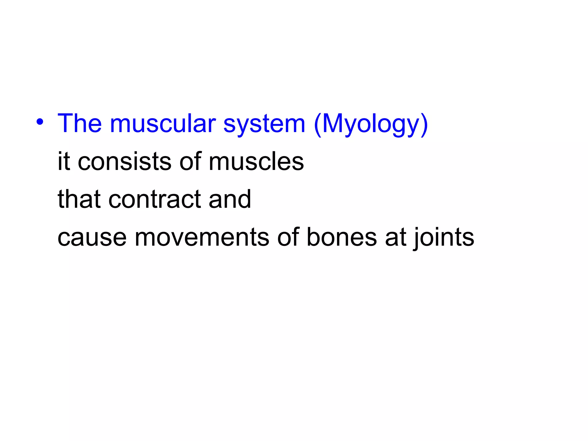 • The muscular system (Myology)
it consists of muscles
that contract and
cause movements of bones at joints
 