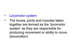 • Locomotor system
• The bones, joints and muscles taken
together are termed as the ‘locomotor
system’ as they are responsible for
producing movement or ability to move
(locomotion)
 