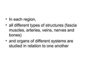 • In each region,
• all different types of structures (fascia
muscles, arteries, veins, nerves and
bones)
• and organs of different systems are
studied in relation to one another
 