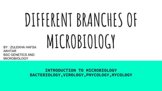 DIFFERENT BRANCHES OF
MICROBIOLOGY
INTRODUCTION TO MICROBIOLOGY
BACTERIOLOGY,VIROLOGY,PHYCOLOGY,MYCOLOGY
BY : ZULEKHA HAFSA
AKHTAR
BSC GENETICS AND
MICROBIOLOGY
 