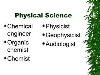 Physical Science Chemical engineer Organic chemist Chemist Physicist Geophysicist Audiologist 