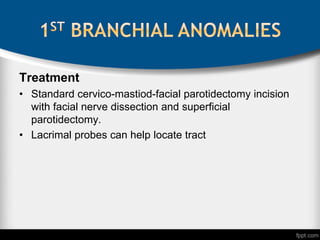 Treatment
• Standard cervico-mastiod-facial parotidectomy incision
with facial nerve dissection and superficial
parotidectomy.
• Lacrimal probes can help locate tract
 