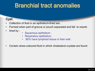 • Collection of fluid in an epithelium-lined sac .
• Formed when part of groove or pouch separated and fail to resorb .
• lined by :
• Contain straw-coloured fluid in which cholesterol crystals are found
• Squamous epithelium .
• Respiratory epithelium.
• 80% have lymphoid tissue in their wall .
 