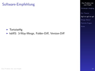 Das Problem der
zwei K¨opfe
Christoph J¨ungling
Die Theorie
Agil ist agil ist agil
Merge-Ablauf
Patricks Fragen
Autor
Software-Empfehlung
TortoiseHg
kdiﬀ3: 3-Way-Merge, Folder-Diﬀ, Version-Diﬀ
Das Problem der zwei K¨opfe 18
 