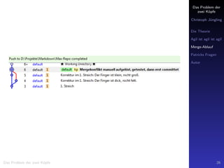Das Problem der
zwei K¨opfe
Christoph J¨ungling
Die Theorie
Agil ist agil ist agil
Merge-Ablauf
Patricks Fragen
Autor
Das Problem der zwei K¨opfe 26
 
